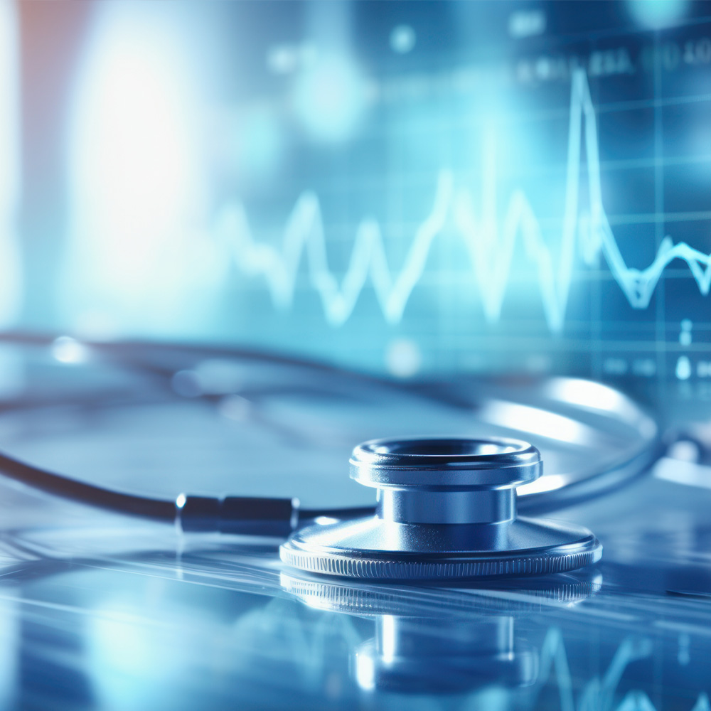 Stethoskop auf einer Oberfläche mit Anzeige einer Frequenz im Hintergrund