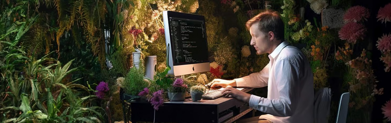 Entwickler sitzt vor einem Computer umgeben von Pflanzen und Blumen