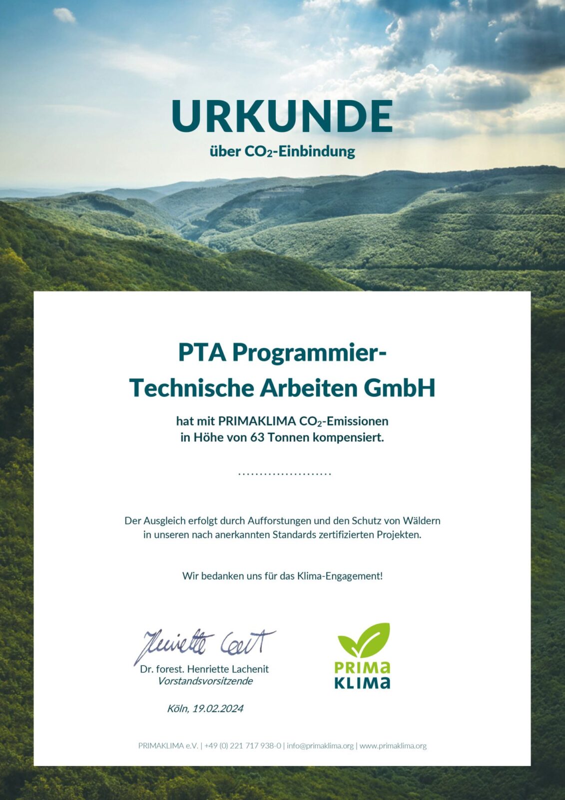 Urkunde über CO2-Einbindung der PTA IT-Beratung von PrimaKlima