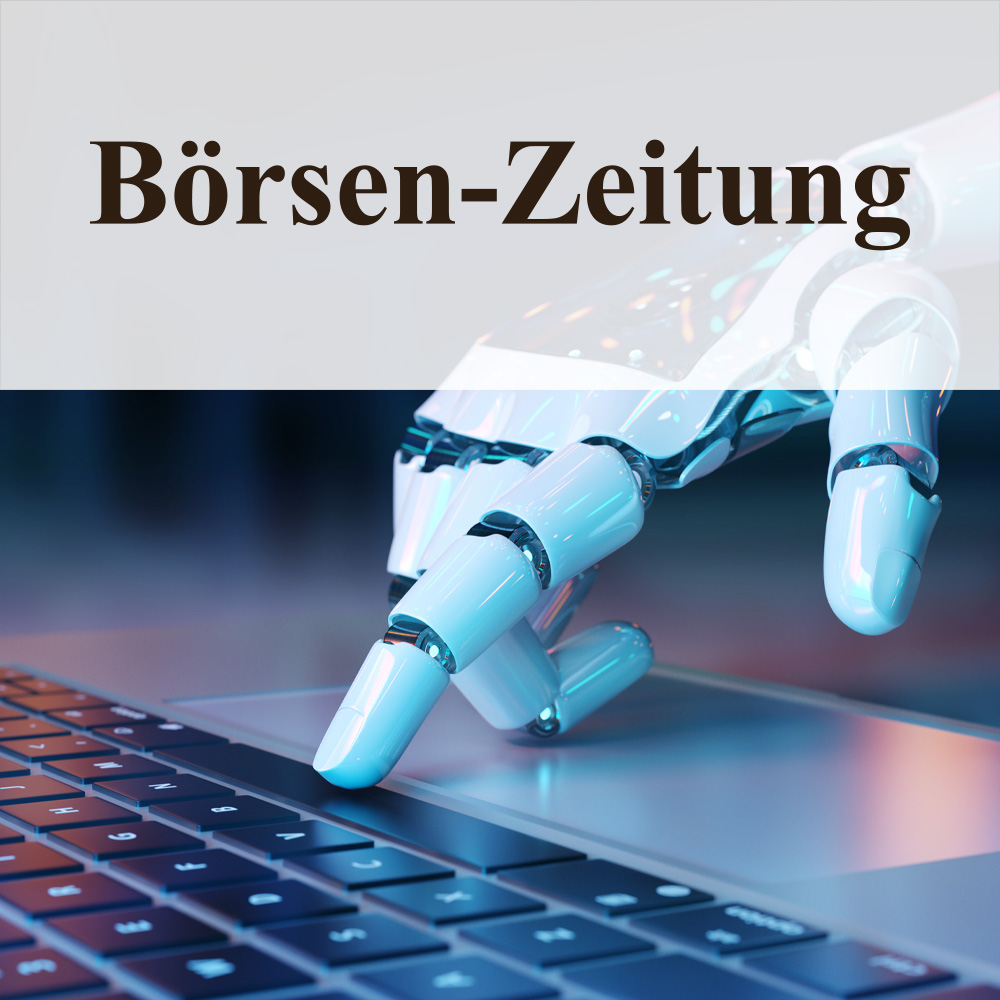 Börsen-Zeitung Logo über einer tippenden Roboterhand