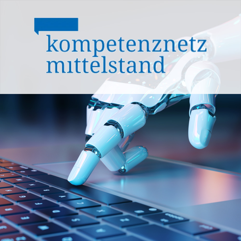 Logo von Kompetenznetz-Mittelstand mit Roboterhand, die einen Laptop bedient
