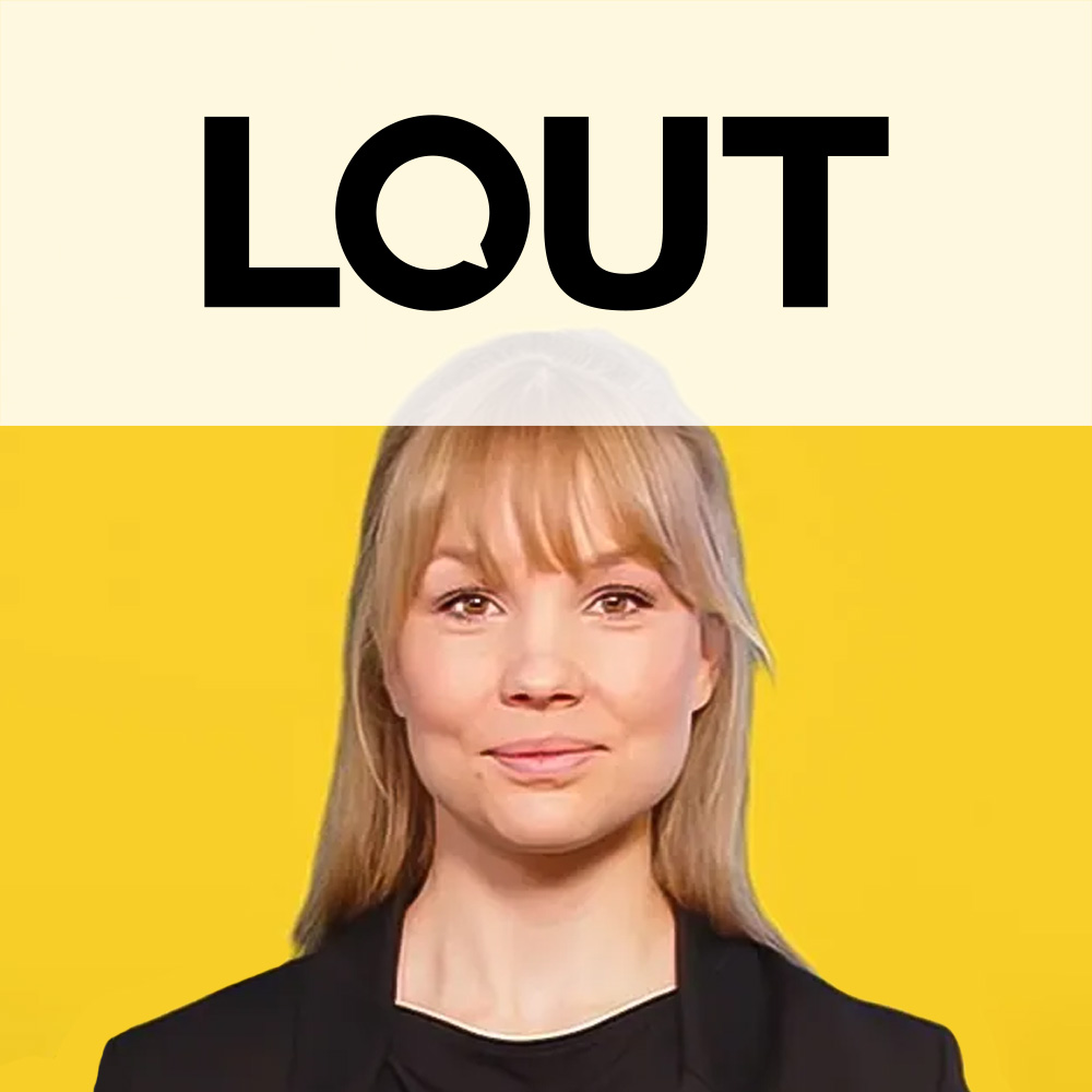Lout Logo über einem Portrait einer blonden Frau