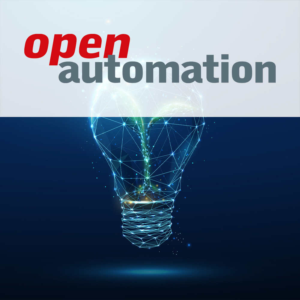 Open Automation Logo über einer Glühbirne aus Linien mit Pflanzenmotiv