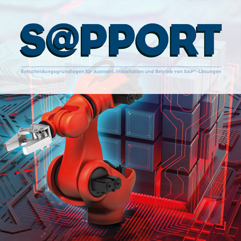 S@pport Logo über einem Roboterarm in einer technologischen Umgebung