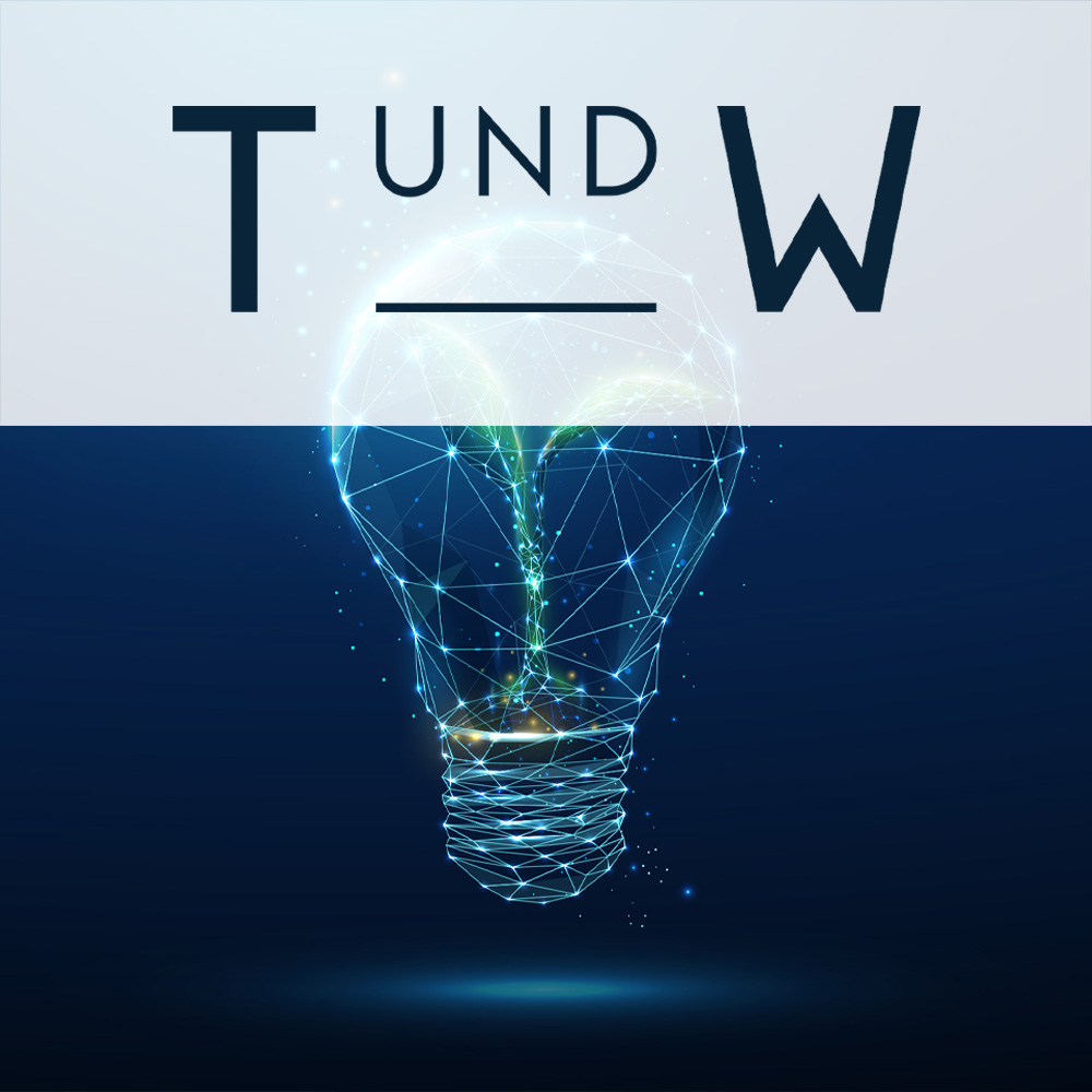 Technik und Wissen Logo über einer Glühbirne aus Linien